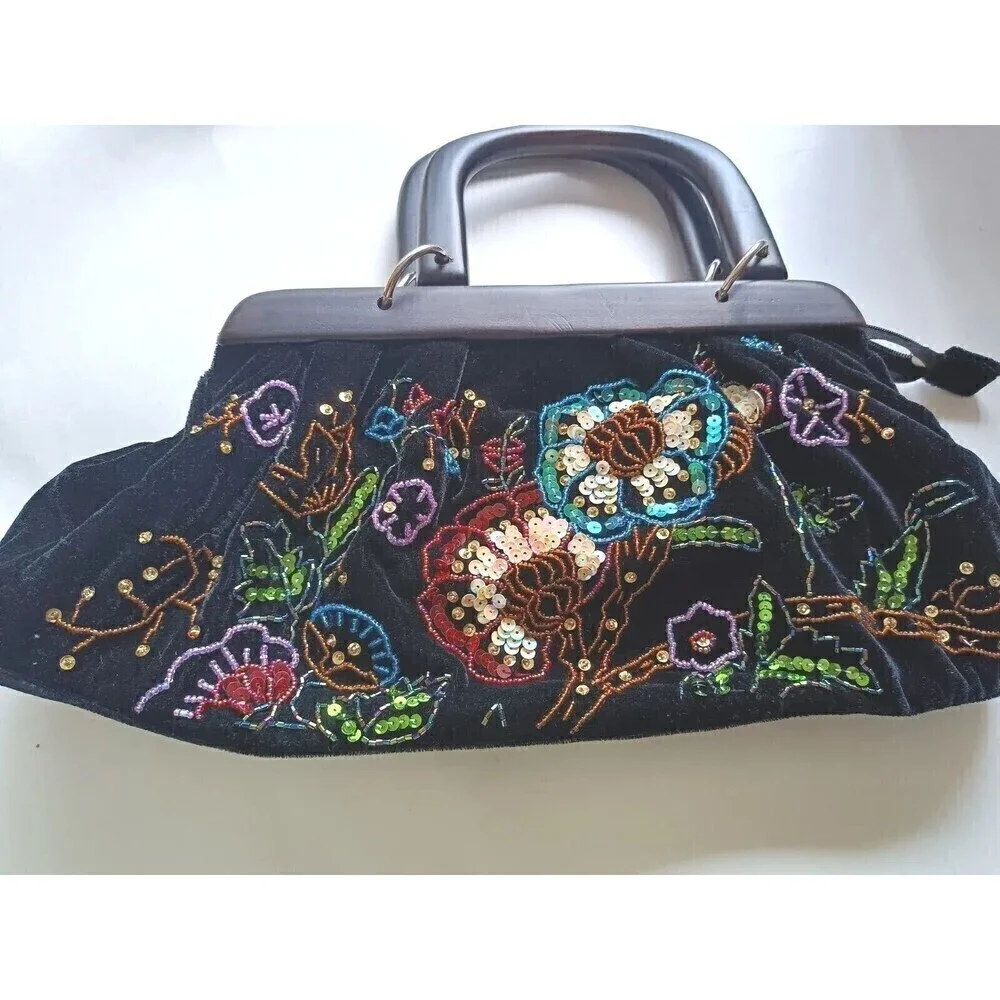 Vintage Style Satchel Purse Wood Handle Black & Multi Colored Beaded Hand Sewn